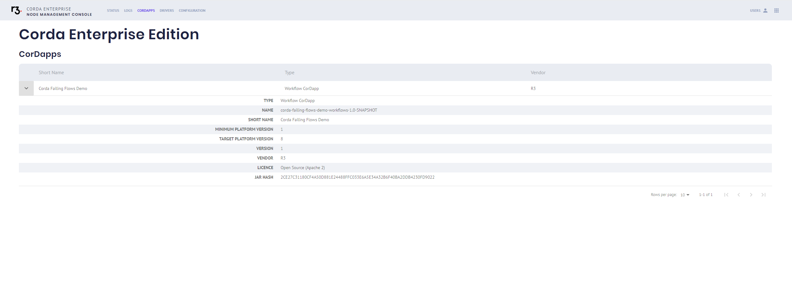 Node management console CorDapps tab