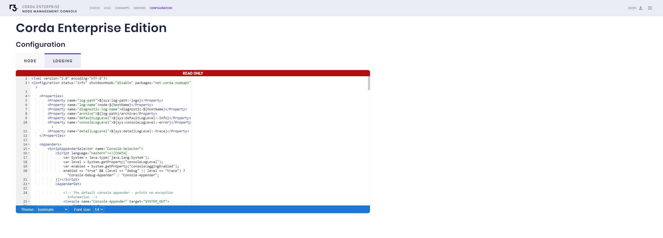 Node management console logging configuration tab