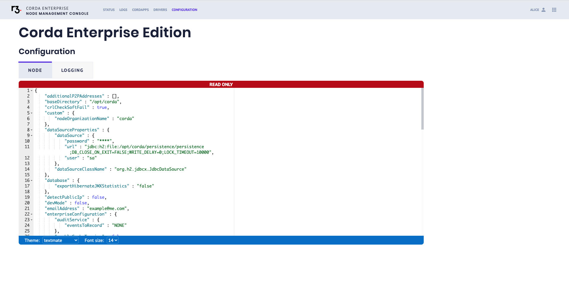 Node management console node configuration tab