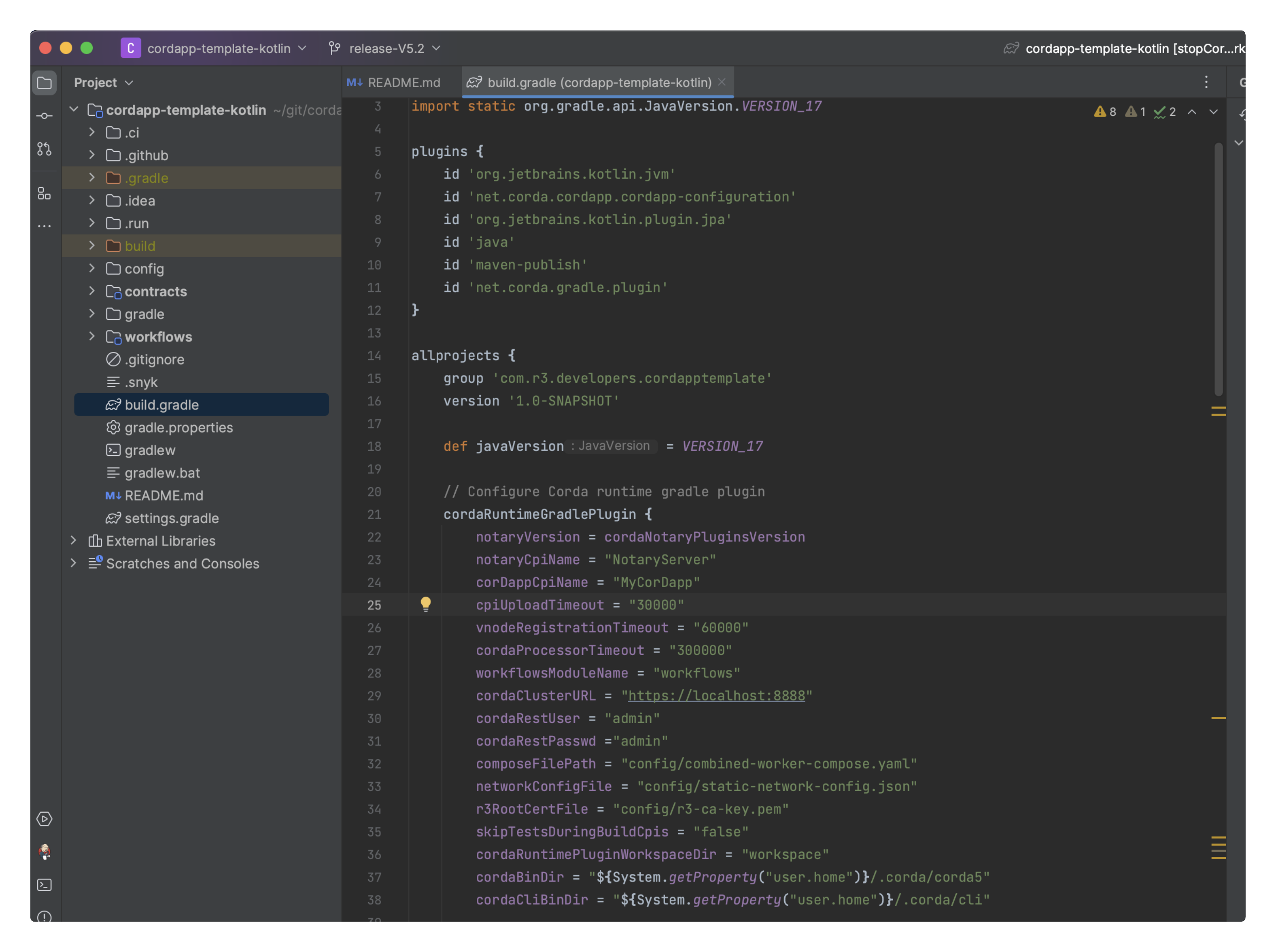 Corda runtime Gradle build gradle block in IntelliJ for CorDapp template project